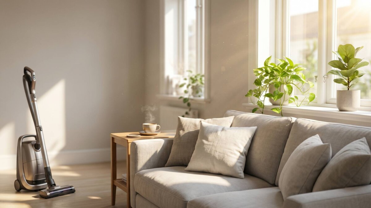 Frisch geputztes sonniges Wohnzimmer am Samstagmorgen mit Staubsauger