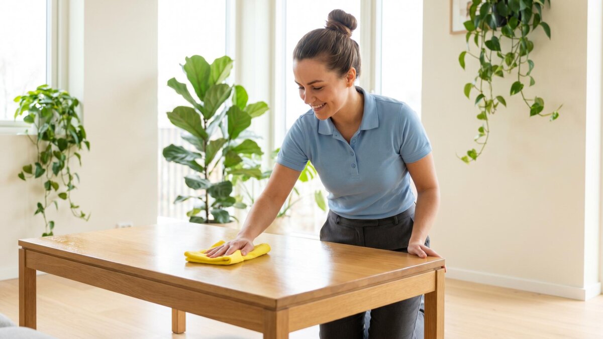 Lächelnde Reinigungskraft wischt einen Holztisch in einem hellen Wohnzimmer