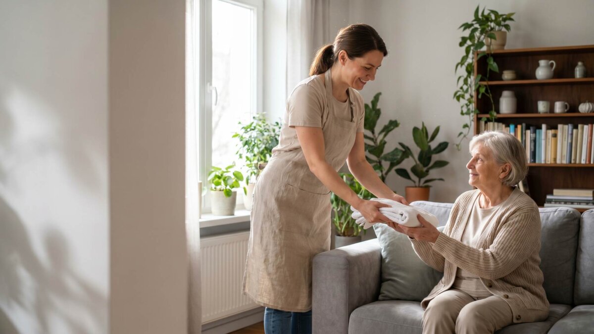 Haushaltshilfe reicht einer lächelnden Seniorin im Wohnzimmer ein Handtuch