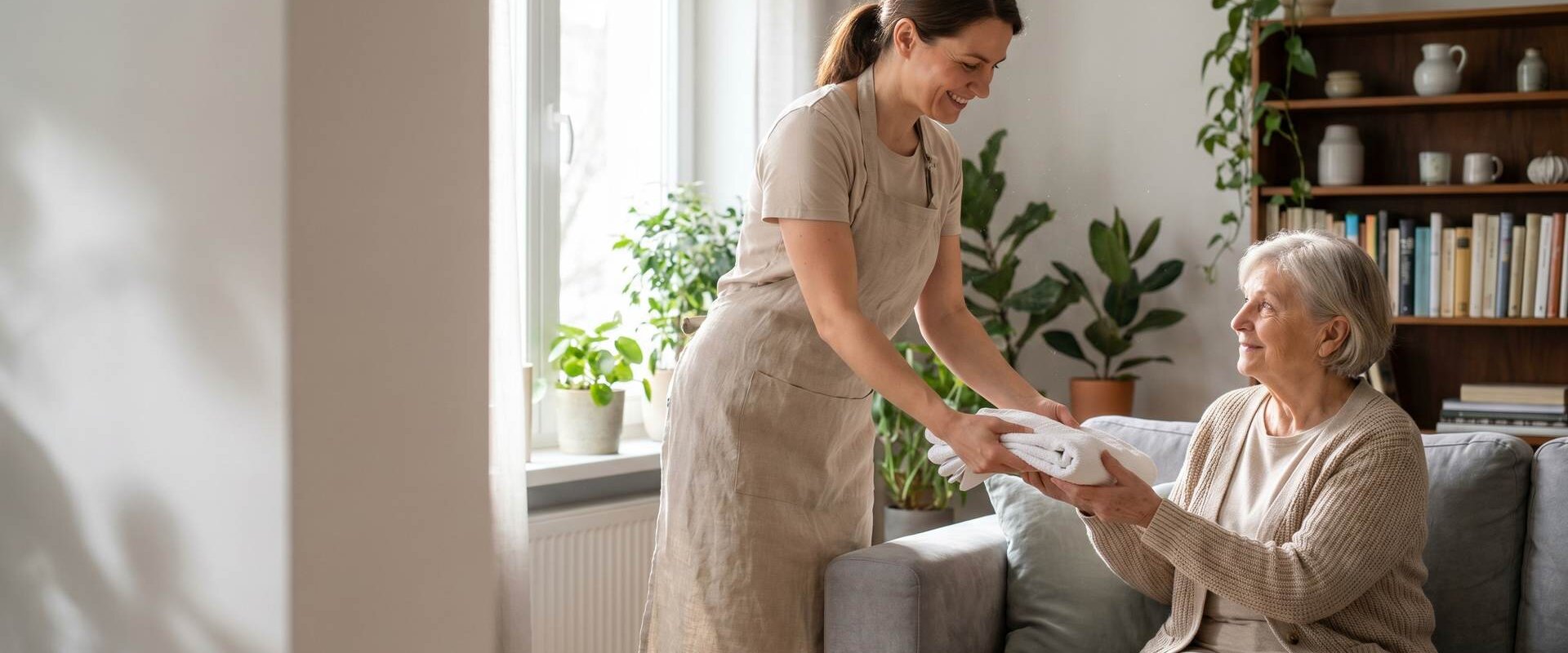 Haushaltshilfe reicht einer lächelnden Seniorin im Wohnzimmer ein Handtuch