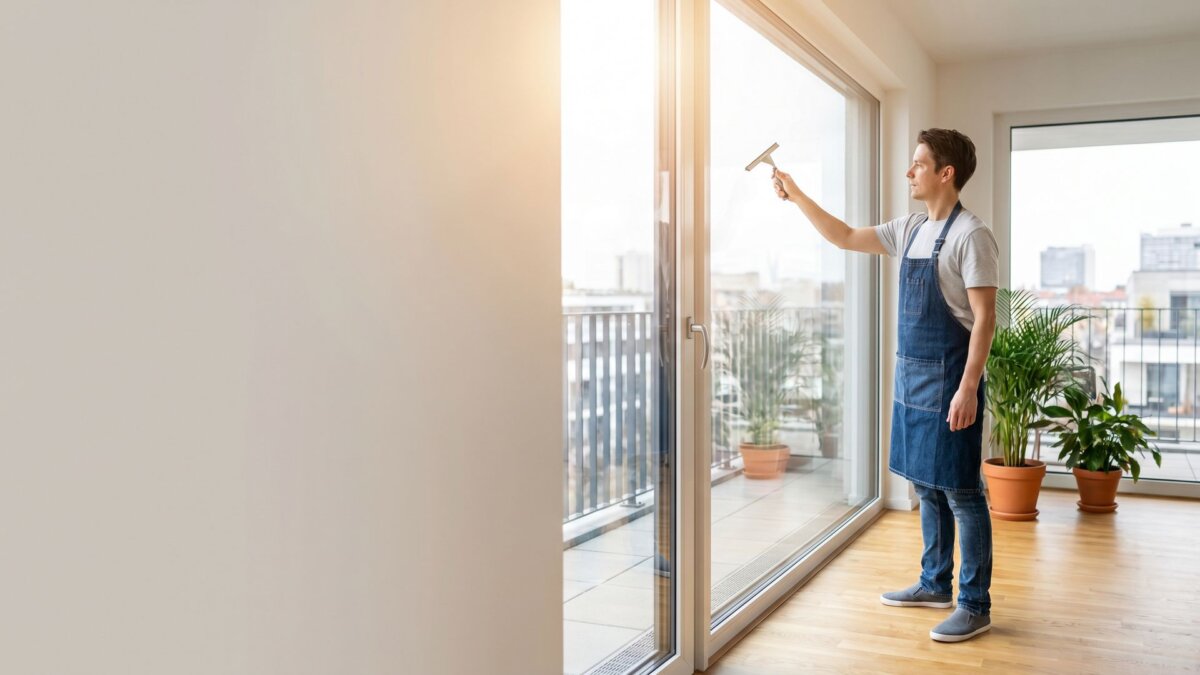 Reinigungskraft putzt ein großes Fenster mit Abzieher in einer modernen Wohnung