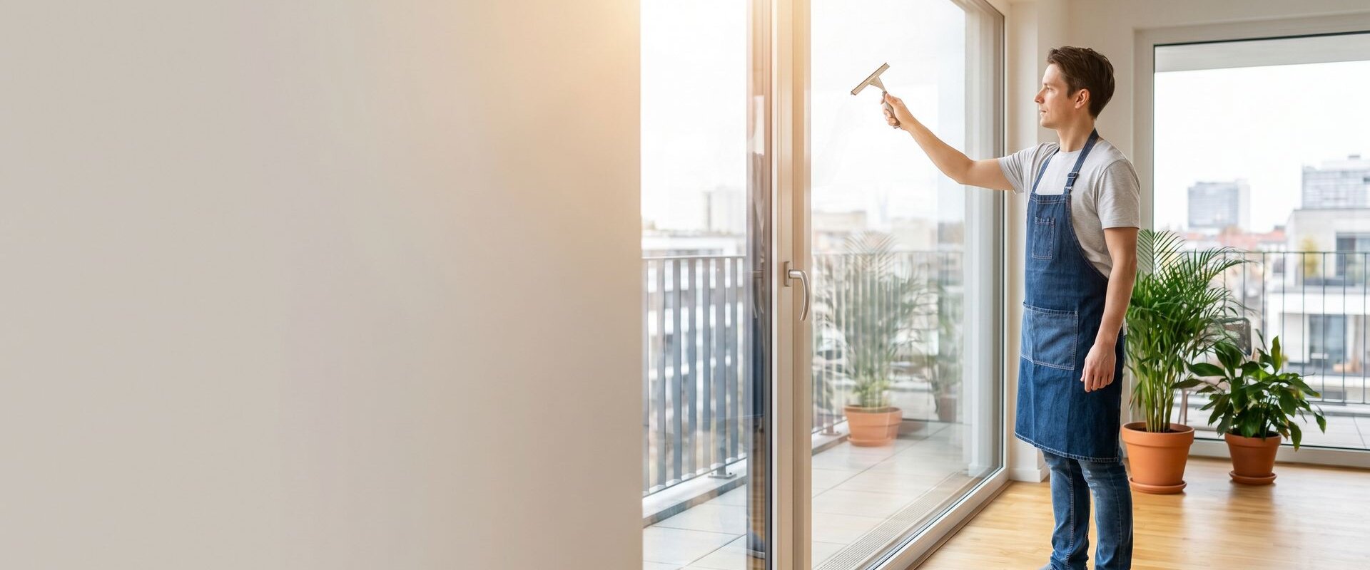 Reinigungskraft putzt ein großes Fenster mit Abzieher in einer modernen Wohnung