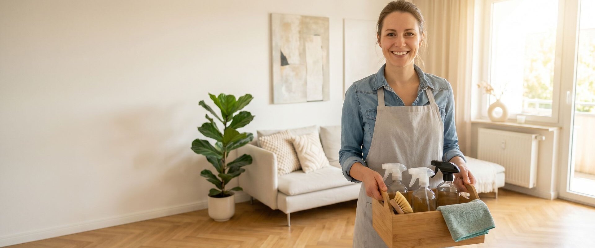 Freundliche Reinigungskraft mit Putzutensilien in einer hellen Wohnung