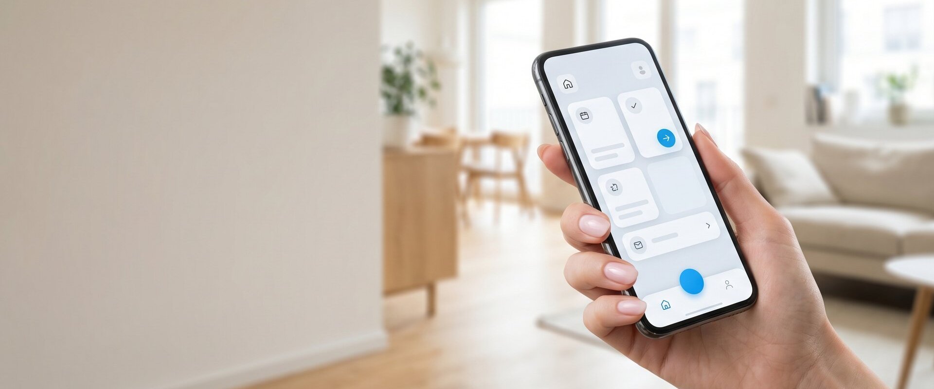 Hand hält ein Smartphone mit einer App zur Buchung einer Reinigungskraft